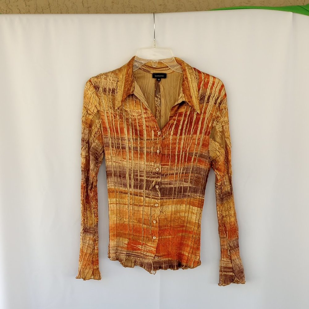 Komarov Satin Crinkled Long Sleeve Lace Blouse
